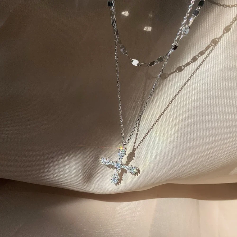 #NEW 925 Sterling Silver Diamond Cross Double Layer Necklace